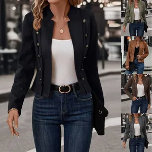 Chaqueta de Gamuza Sintética Retro para Mujer Doble Botonadura Decorativa Ajuste Ceñido Manga Larga Cuello Alto Color Sólido Poliéster