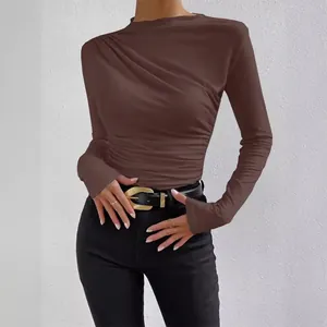 Elegant women's slim fit long sleeve T-shirt in chocolate brown with ruched detailing