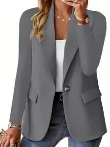 Elegante grijze blazer voor dames met lange mouwen en revers voor casual kantoorkleding