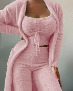 Detailed view of pink fuzzy 3-piece lounge set showing soft plush texture and drawstring