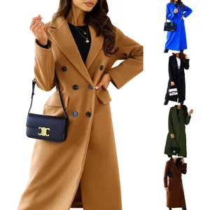 Elegant double-breasted long sleeve wool coat with lapel collar available in five colors