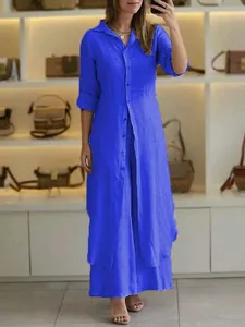 Elegant royal blue cotton linen two-piece set featuring long shirt and wide-leg pants