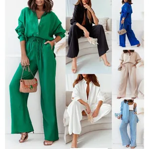 Women's 2-piece casual set featuring loose textured long-sleeve shirt and wide-leg pants