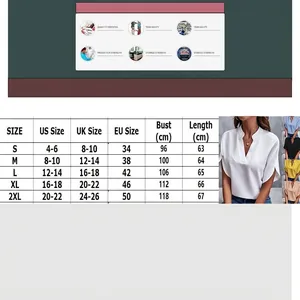 Size chart for women's V-neck casual short sleeve solid color blouse