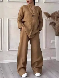 Elegant women's casual loose linen set featuring V-neck top and wide-leg trousers