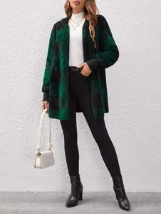 Modische Damen Übergröße grün schwarz kariert flauschige Strickjacke Mantel offen