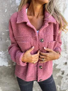 Mauve sherpa jacket detail showing lapel collar, buttons, and soft fleece texture
