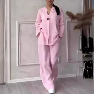 Women's Casual Yarn-dyed Polyester Top And Bottom Retro Solid Color V-Neck Long Sleeve Shirt And Wide Leg Pants Comfortable Daily Wear