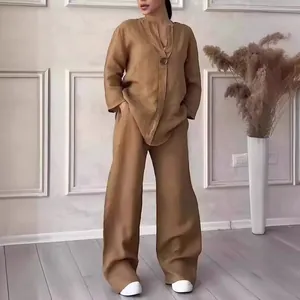 Fashionable brown cotton linen casual two-piece set with loose top and wide-leg pants