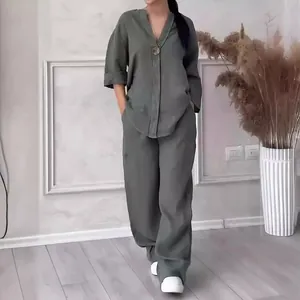 Stylish women's olive green linen casual two-piece set with loose top and wide-leg pants