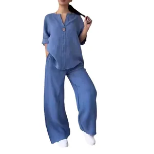 Stylish casual blue cotton linen two-piece set with loose V-neck top and wide-leg pants for women