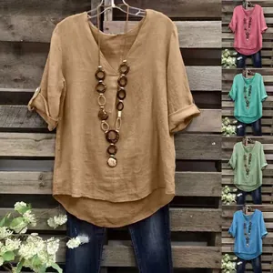 Haut Pull Femme en Mélange de Coton Vintage Décontracté Ample Col en V Manches Mi-longues Blouse Couleur Unie Mode Confortable Haut d'Été