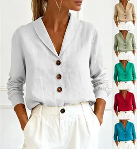 Detail view of casual loose cotton linen long sleeve shirt with shawl collar in multiple colors