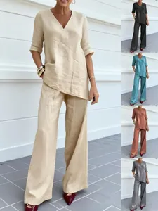 Conjunto informal de algodón y lino con top de cuello en V y pantalón ancho varios colores