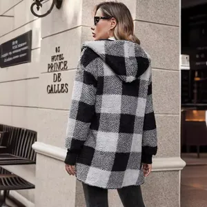 Damen Casual Karo Farbblock Gestrickte Cardigan Langarm Kapuze Fleece Pullover Mantel Oversized Streetwear