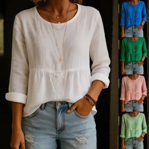 Haut Décontracté en Mélange de Coton pour Femmes Manches Longues Couleur Unie Col Rond Blouse Peplum Large pour Printemps Vacances Mode
