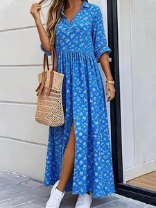 Robe longue décontractée à imprimé floral bleu pour femme avec col et demi-manches élégantes