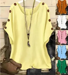 Casual loose round neck short sleeve blouse with decorative button detail in multiple colors