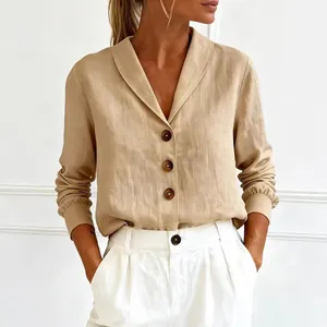 Elegant women's casual loose khaki cotton linen long sleeve button-up shirt with doll collar