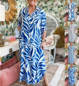 Collage showing various prints of a casual loose lapel half-sleeve maxi shirt dress.