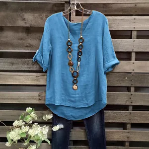 Haut décontracté en mélange de coton bleu pour femme avec col en V et collier décoratif