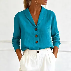 Casual turquoise linen-cotton long sleeve button-up shirt with doll collar for women