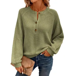 Casual dames top met lange mouwen in wafelgebreide stof en stijlvol saliegroen kleur
