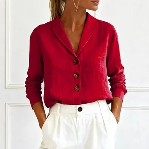 Casual women's red cotton linen long-sleeved shirt with lapel collar and buttons
