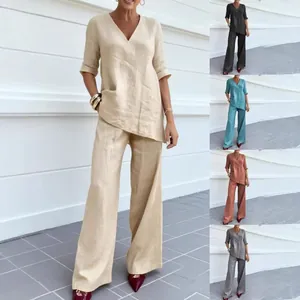 Top de Manga Media con Cuello en V para Mujer y Pantalones Rectos Poliéster Color Sólido Ropa de Descanso Informal de Otoño