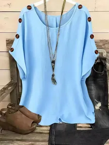 Casual loose light blue round neck short sleeve top with stylish brown button details
