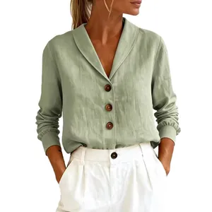 Casual green cotton linen shirt with long sleeves and buttons for women