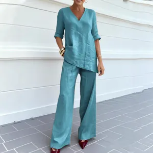 Conjunto casual de dos piezas de lino para mujer con top de cuello en V y pantalón ancho