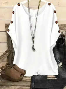 Women's loose casual round neck short sleeve blouse with decorative button detail