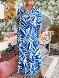 Casual loose blue and white leaf print shirt dress with lapel collar and mid-sleeves