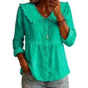 Women's casual cotton linen shirt with ruffle doll collar and long sleeves in bright cyan