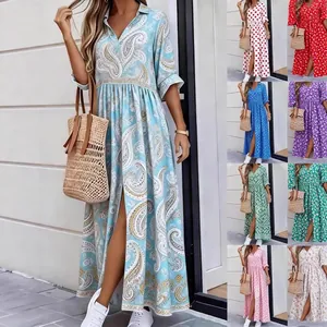 Robe Longue Imprimée Décontractée pour Femmes Revers Col en V Demi-manches Ample à Fente Robe de Plage Polyester Top And Bottom