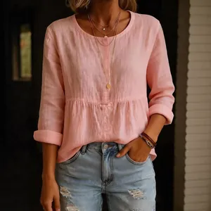 Haut décontracté en mélange de coton rose pour femme avec manches longues et taille plissée