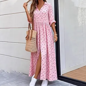 Robe de plage longue rose à fleurs décontractée avec col et manches mi-longues