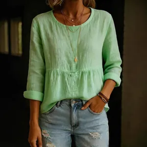 Haut décontracté à manches longues en mélange de coton vert menthe pour femmes