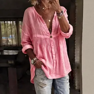 Casual losse roze effen kleur shirt met lange mouwen en knoop voor dames