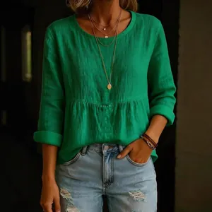 Haut décontracté à manches longues en coton mélangé vert pour femmes avec col rond élégant