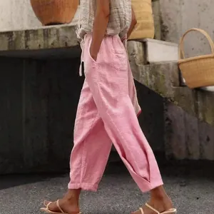 Casual women's pink linen trousers with elastic drawstring waist and side pockets