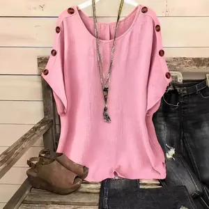 Women's casual pink loose fit round neck short sleeve top with stylish button accents