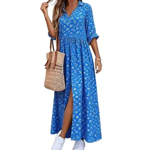 Robe longue décontractée à imprimé floral bleu avec revers et manches mi-longues pour plage