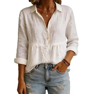 Γυναικείο λευκό βαμβακερό πουκάμισο με μακριά μανίκια και κομψή λαιμόκοψη V σχήμα