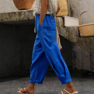 Women's casual cotton linen wide-leg trousers with drawstring waist and pockets