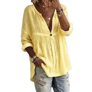 Elegante casual gele blouse met lange mouwen en knopen voor dames in voorjaarsstijl