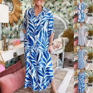 European Fashion Women Casual Loose Printed Shirt Dress Lapel Medium Sleeve Maxi Dress Plus Size Geometric Floral Tropical Leaf Polyester Dress