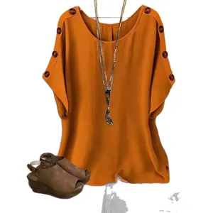 Stylish casual loose solid color round neck blouse with decorative buttons on sleeves
