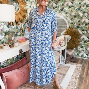 Bohemian blue daisy print maxi shirt dress with lapel and half sleeves for women